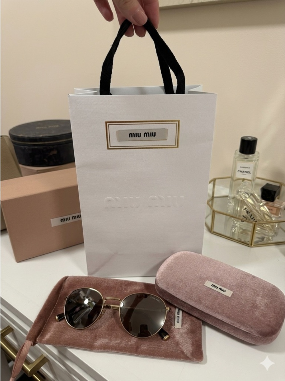 Miu Miu Gold Rim Round Sunglasses - full inclusion with shopping bag - Picture 8 of 14
